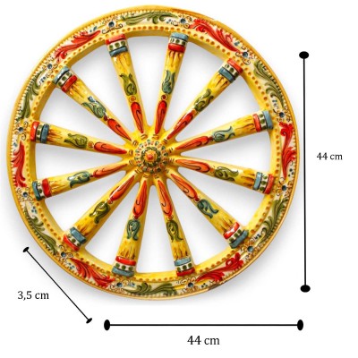 Koło wozu sycylijskiego, ceramika z Caltagirone, Ø ok. 44 cm. Dekoracja barokowa, żółte tło.