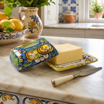 Caltagirone ceramic butter dish, L 18 x 14 x h 7 cm approx. (1 unit) Various colours, random decoration