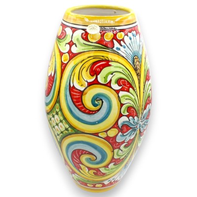 Caltagirone-Keramikvase ohne Hals, ca. 40 x 20 cm, barockes Blumendekor, roter Hintergrund