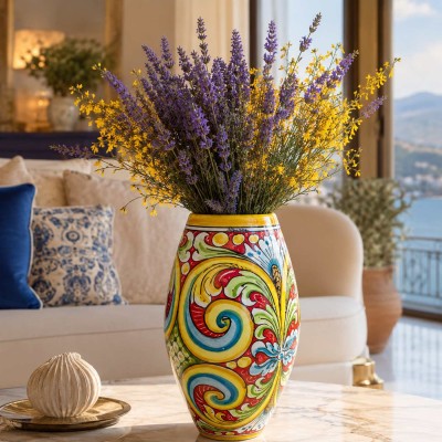 Vase à fleurs en céramique de Caltagirone sans col, env. 40 x 20 cm, décor floral baroque, fond rouge