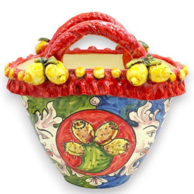 Caltagirone keramisk korg, ca 25 x 27 cm. Siciliansk vagndekoration, sol och fikonkaktusspade med citroner.
