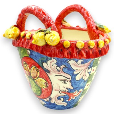 Caltagirone keramisk korg, ca 25 x 27 cm. Siciliansk vagndekoration, sol och fikonkaktusspade med citroner.