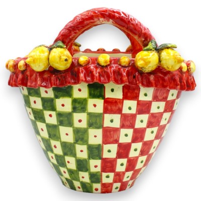 Coffa ceramica Caltagirone, h 25 x 27 cm ca. Decoro Carretto Siciliano, sole e pala ficodindia con limoni