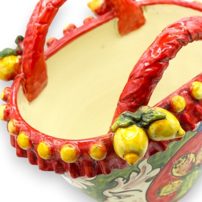 Caltagirone keramisk korg, ca 25 x 27 cm. Siciliansk vagndekoration, sol och fikonkaktusspade med citroner.