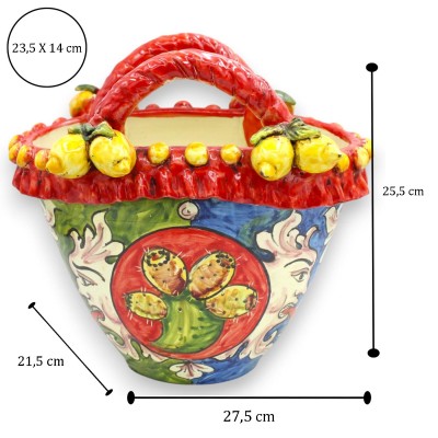 Keramikkorb aus Caltagirone, ca. 25 x 27 cm. Sizilianische Wagenverzierung, Sonne und Kaktusfeigenschaufel mit Zitronen.