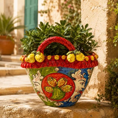 Cesto de cerâmica Caltagirone, aproximadamente 25 x 27 cm. Decoração de carroça siciliana, com sol e pá de figo-da-índia com lim