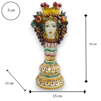 Kandelaar met het hoofd van Janus Bifrons met twee gezichten, keramiek uit Caltagirone, ca. 33 cm hoog, achtergrond bordeauxrood
