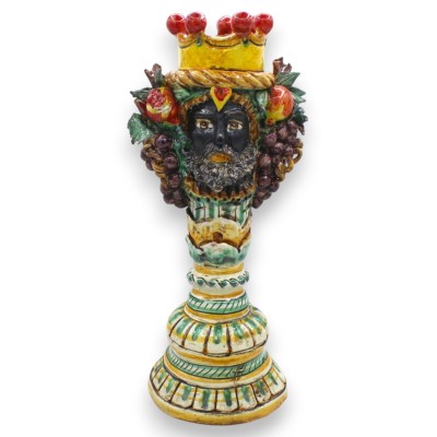 Giano Bifronte testa con due volti Candeliere, ceramica Caltagirone, h 33 cm ca. fondo Verde e dettagli Rossi