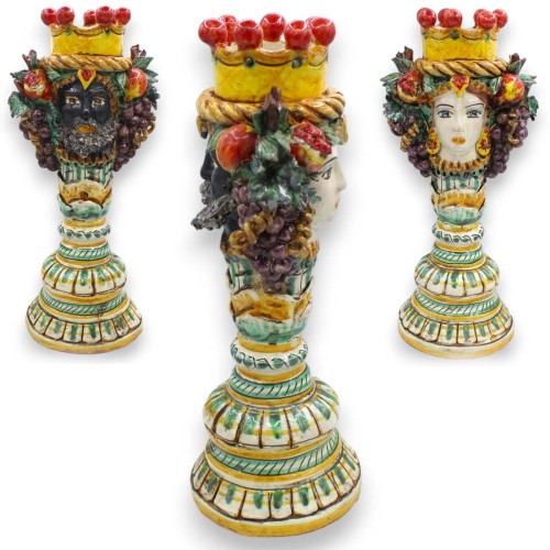 Janus-Bifrons-Kopf mit zwei Gesichtern, Kerzenleuchter, Caltagirone-Keramik, ca. 33 cm hoch. Grüner Hintergrund mit roten Detail