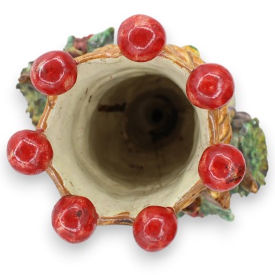 Castiçal com cabeça de Janus Bifrons de duas faces, cerâmica de Caltagirone, altura aproximada de 38 cm. Fundo azul antigo e det
