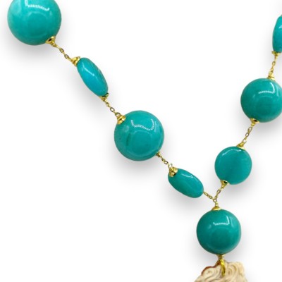 Collana Artigianale in Giada Tormalina, L 57 + 13 cm ca. Montatura in Argento 925 con Cammeo