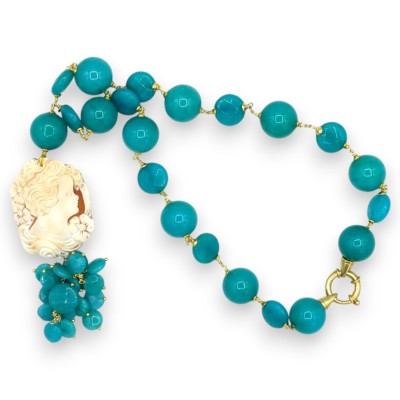 Collana Artigianale in Giada Tormalina, L 57 + 13 cm ca. Montatura in Argento 925 con Cammeo