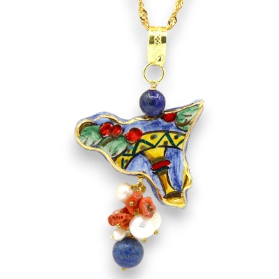 Collier en acier avec pendentif sicilien en céramique de Caltagirone, longueur 65 + 8 cm environ. Émail doré 24 carats.
