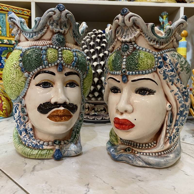 Pair of Caltagirone Moorish heads - height 25 cm emirs decoration 5 - 