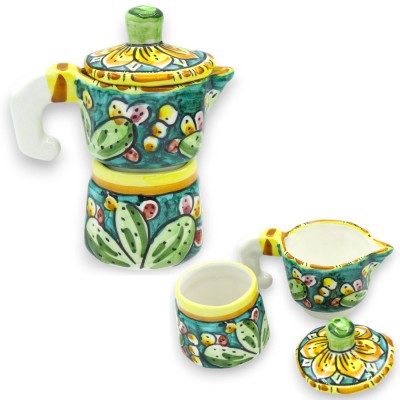 Cafeteira italiana (Moka), porta-café e açucareiro, cerâmica Caltagirone, aproximadamente 13 cm de altura. Cores variadas (1 uni