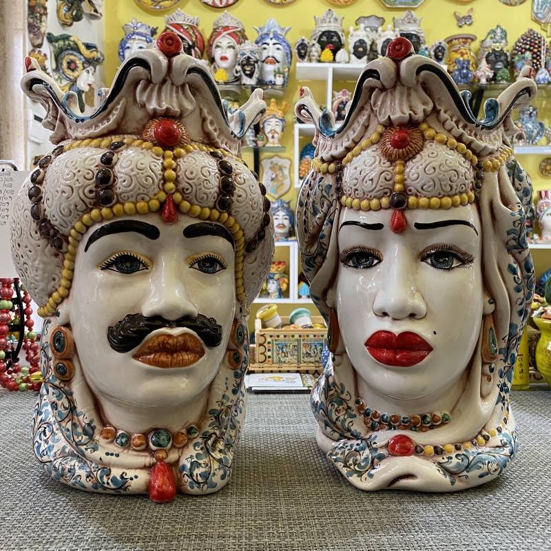 Pair of Moor's Heads Caltagirone model "Emiri" - height about 38 cm - 