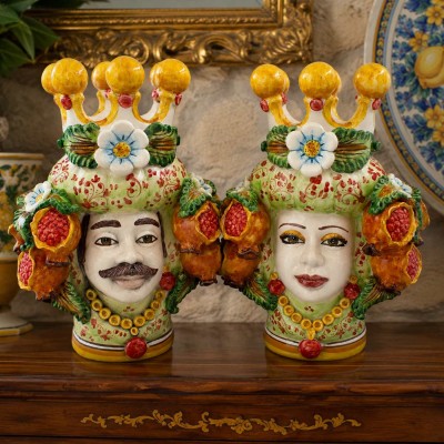 Tête de Maure de Caltagirone, environ 30 cm de haut (1 unité), option homme ou femme - Couronne jaune, fleurs et grenades
