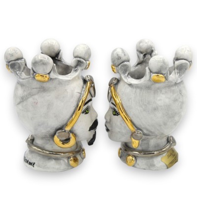 Testa di Moro Caltagirone h 12 cm ca. (Coppia) Serie ÉLITE, Bianco Antico, Smalto Platino e Oro Zecchino 24K