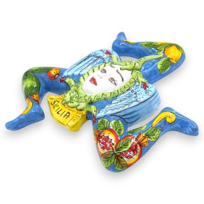 Trinacria in pregiata ceramica Siciliana, h 36 cm ca. Blu Antico, decoro Ficodindia, Melograni e Limoni