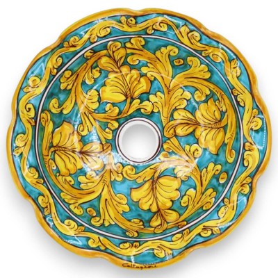 Scalloped Caltagirone ceramic chandelier plate, Ø 35 cm approx. Baroque decoration with palmette