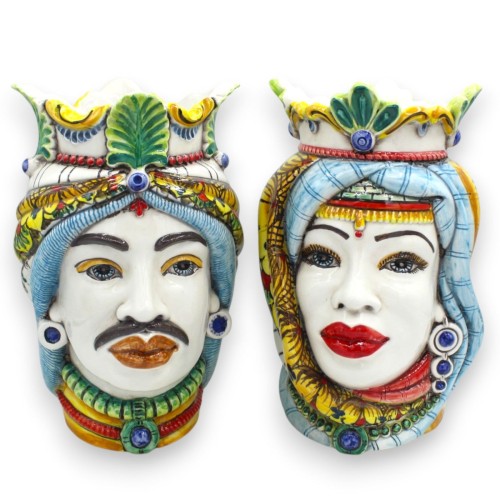 Cabezas moriscas sicilianas con corona y turbante (par), aprox. 25 cm de altura, cerámica de Caltagirone, MD20