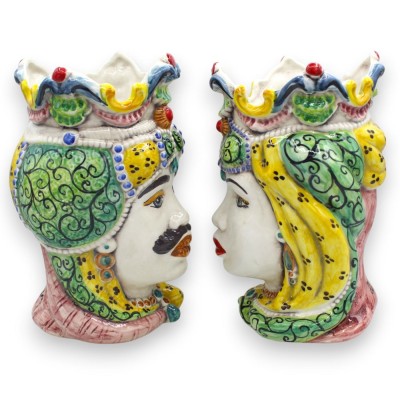 Têtes mauresques siciliennes (paire), céramique de Caltagirone, env. 25 cm de hauteur. Emiri MD21