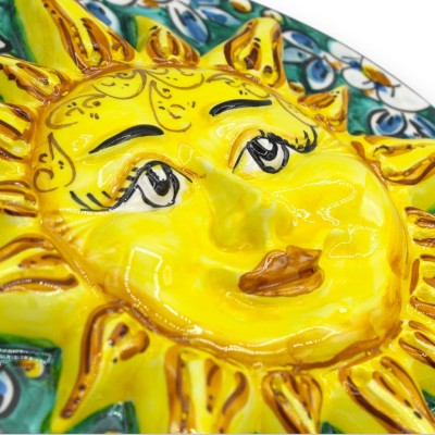 Sole disco in ceramica Caltagirone, Ø 25 cm ca. Verderame, decoro Fiori e foglie