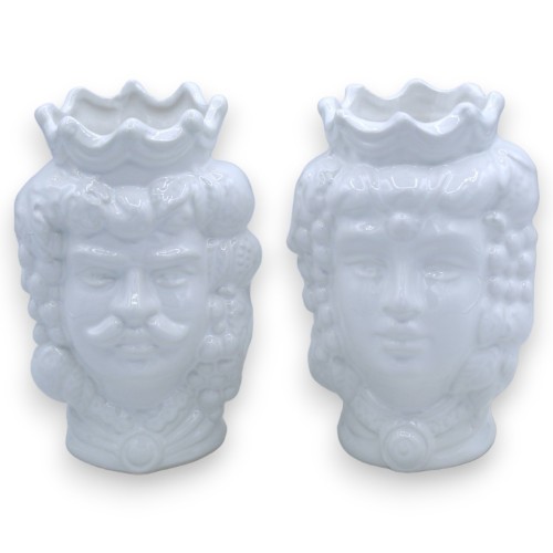 Coppia teste di moro in ceramica Caltagirone - h 13 cm ca. Bianco Lucido Corona e Frutta - 