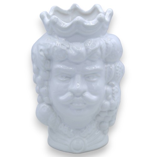 Coppia teste di moro in ceramica Caltagirone - h 13 cm ca. Bianco Lucido Corona e Frutta -  2