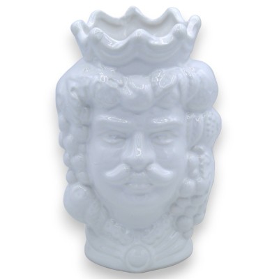 Coppia teste di moro in ceramica Caltagirone - h 13 cm ca. Bianco Lucido Corona e Frutta - 