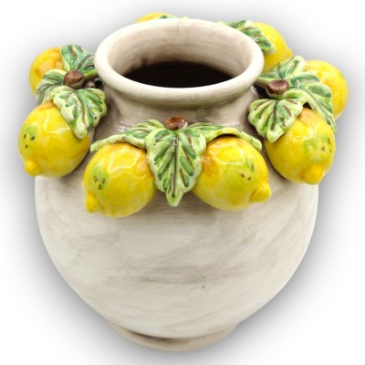 Vaso Panciuto, ceramica Caltagirone, h 20 x 20 cm ca. Bianco Antico con Applicazioni di Limoni