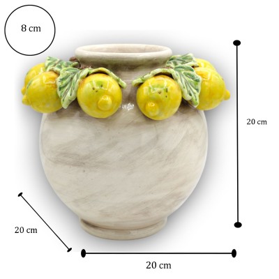 Vaso Panciuto, ceramica Caltagirone, h 20 x 20 cm ca. Bianco Antico con Applicazioni di Limoni