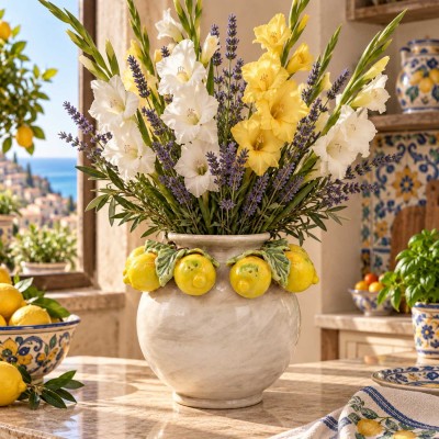 Vaso Panciuto, ceramica Caltagirone, h 20 x 20 cm ca. Bianco Antico con Applicazioni di Limoni