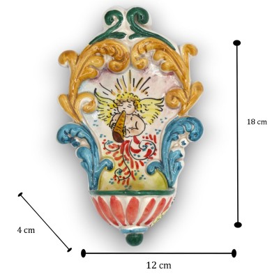 Acquasantiera in ceramica Caltagirone, h 18 x 12 cm ca. Con Putto e decori in rilievo