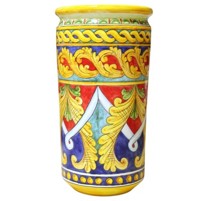 Zylindrischer Schirmständer, Caltagirone-Keramik, ca. 50 x 27 cm. Barock, mit Bändern und Borten verziert.