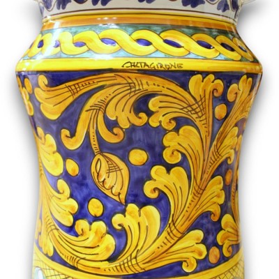 Portaombrelli Albarello, ceramica di Caltagirone, h 52 x 30 cm ca. decoro Barocco, Treccia e Geometrico