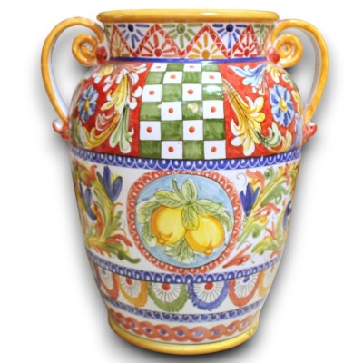 Sicilian Ceramic Jar with Handles, H 50 x 38 cm approx. Sicilian Cart and Lemons Decoration