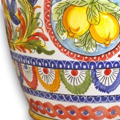 Vaso Giara con Manici, Pregiata Ceramica Siciliana, h 50 x 38 cm ca. Decoro Carretto Siciliano e Limoni