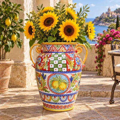 Sicilian Ceramic Jar with Handles, H 50 x 38 cm approx. Sicilian Cart and Lemons Decoration