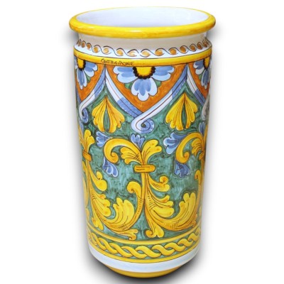 Cylindriskt paraplyställ, Caltagirone keramik, höjd 50 x 27 cm ca. Barock, blommig, geometrisk och flätad dekoration