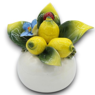 Vasetto Diffusore, Pregiata Ceramica, h 12 x 13 cm ca. Apllicazioni di Limoni e Foglie