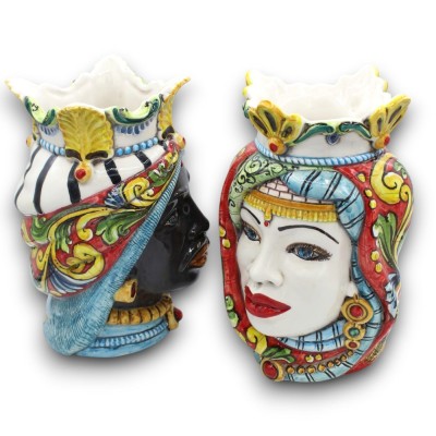 Par de cabeças de cerâmica Caltagirone marrom escuro, aproximadamente 25 cm de altura. Coroa e turbante MD7