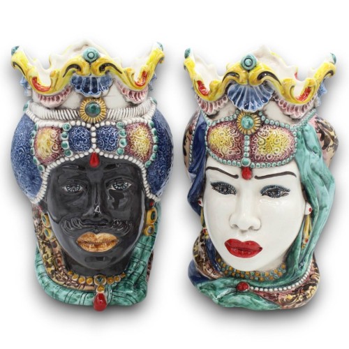Coppia Teste di moro ceramica Caltagirone, h 25 cm ca. Emiri MD10