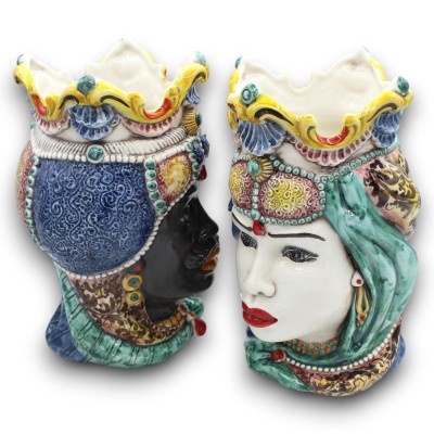 Coppia Teste di moro ceramica Caltagirone, h 25 cm ca. Emiri MD10
