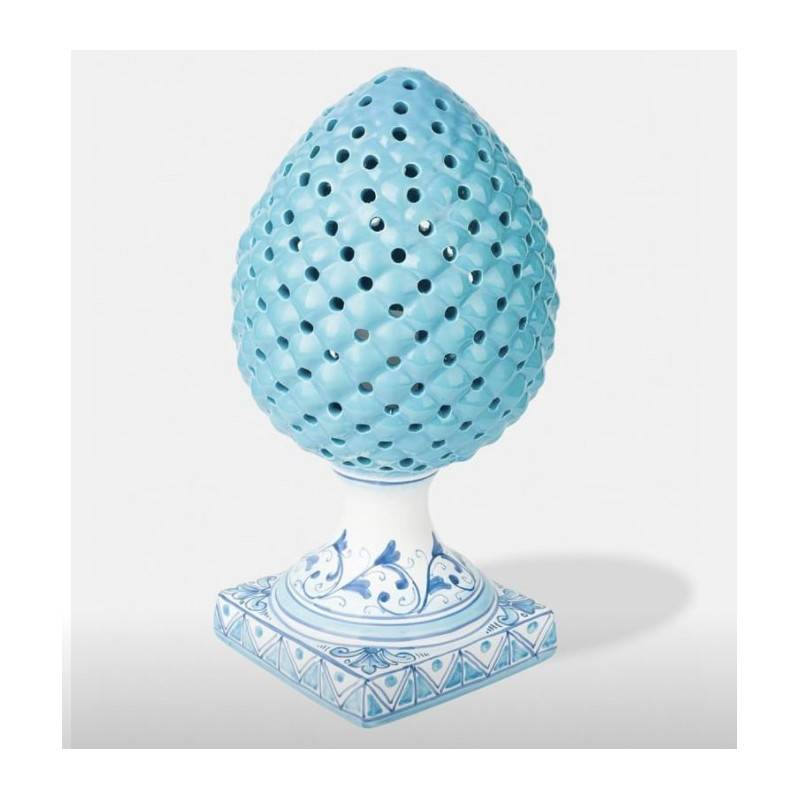 Light blue perforated pine cone lamp with floral decoration - height 35 cm - 