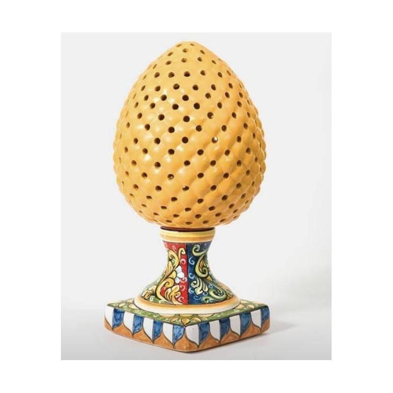 Yellow pierced pine cone lamp with Sicilian cart decoration - height 35 cm - 