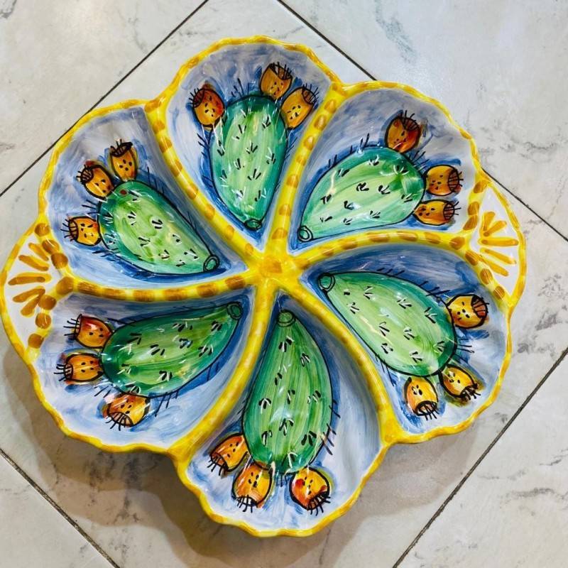 Shell appetizer plate with 6 compartments, prickly pear decoration - diameter about 30 cm - 