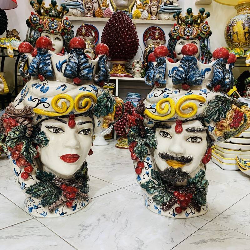 Pair of Caltagirone Moro Heads with Uva and Melograni - lengte 45cm - 