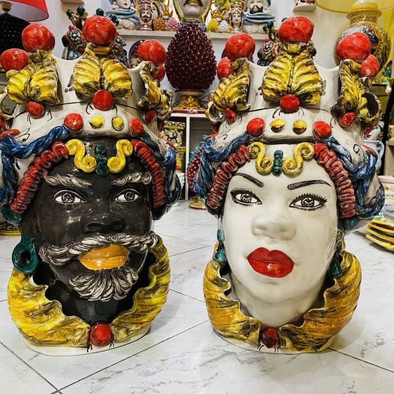 Pair of Caltagirone Moor's Heads with Moorish Man, made and decorated by hand - height 45 cm - 