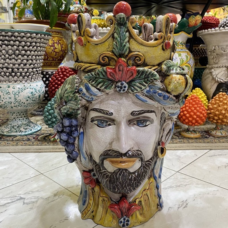 Hoofd van Moro Caltagirone Classical with Crown and Fruit, Craquel Matt enamel ongeveer 50 cm - 